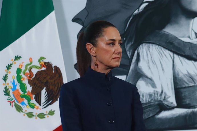 Mexico's President Claudia Sheinbaum, speaking during a briefing conference about the National Development Plan, which defines the economic, social and political priorities for the six-year term, and the evolution of the price of regular gasoline at the N