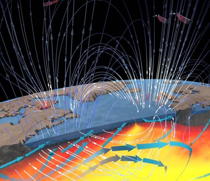 Los flujos de marea del agua salada del mar de la Tierra a través de las líneas del campo magnético de la Tierra generan corrientes eléctricas dentro del océano.