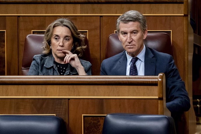 La secretaria general del Partido Popular, Cuca Gamarra, y el presidente del PP, Alberto Núñez Feijóo, durante una sesión plenaria extraordinaria, en el Congreso de los Diputados, a 22 de enero de 2025, en Madrid (España). El Congreso celebra el primer pl