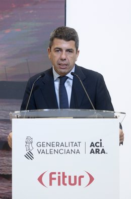 El presidente de la Generalitat valenciana, Carlos Mazón, interviene durante un acto institucional de la Diputación de Castellón, el día de la inauguración de la 45ª edición de la Feria Internacional de Turismo, Fitur 2025, en IFEMA Madrid, a 22 de enero 