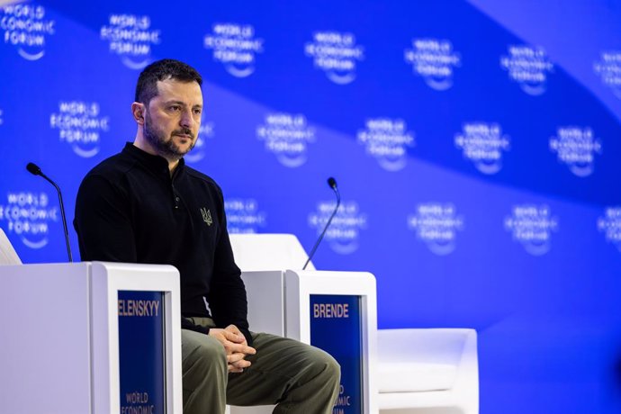 HANDOUT - 21 January 2025, Switzerland, Davos: Ukraine's President Volodymyr Zelensky attends a session during the World Economic Forum Annual Meeting. Photo: Ciaran McCrickard/World Economic Forum/dpa - ATTENTION: editorial use only and only if the credi