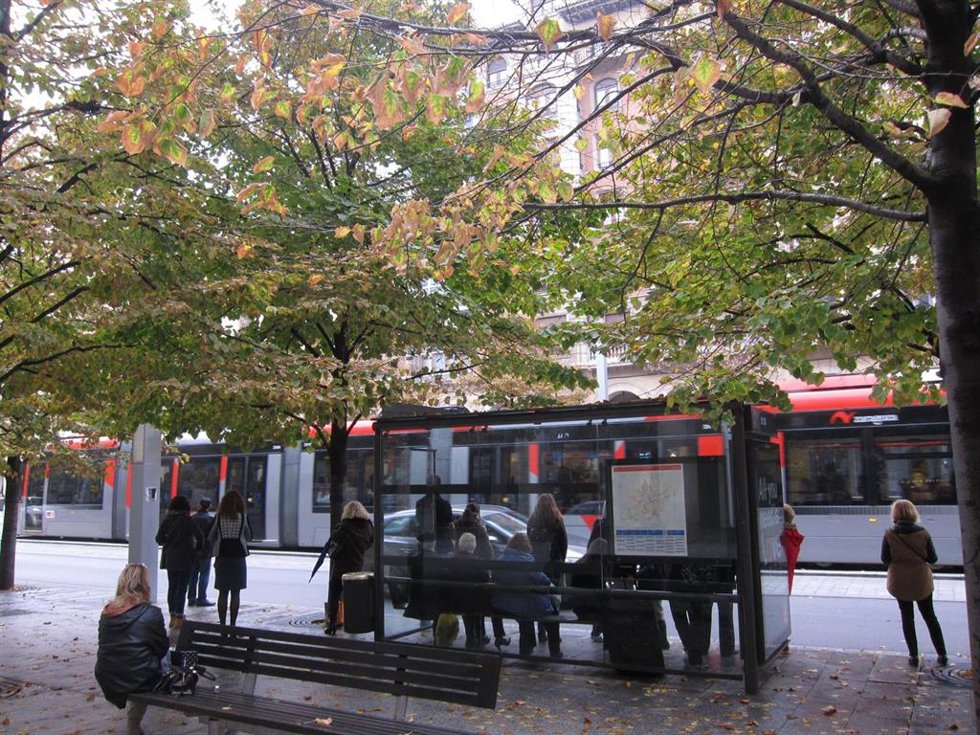 Archivo - Tranvía, parada de autobús, bus