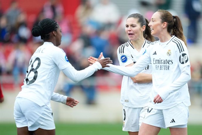 Linda Caicedo, Signe Bruun and Caroline Weir of Real Madrid celebrate an own goal of Gabriela Garcia of Atletico de Madrid during the Spanish Women League, Liga F, football match played between Atletico de Madrid and Real Madrid at Centro Deportivo Wanda 