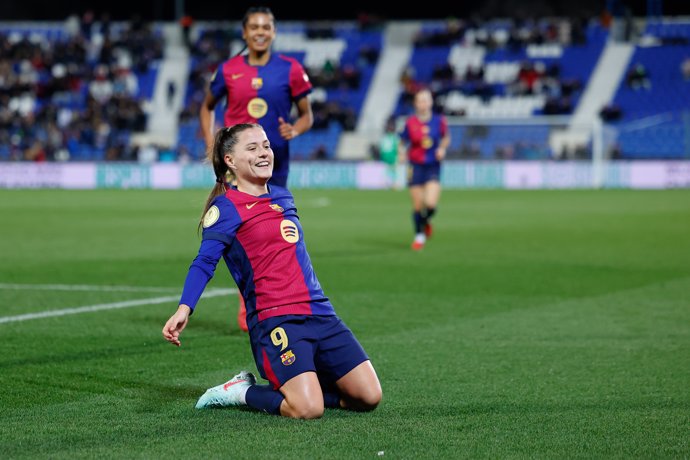 Claudia Pina Medina of FC Barcelona celebrates a goal during Spanish Super Cup 25, Supercopa de Espana, women football match played between FC Barcelona and Atletico de Madrid at Butarque stadium on January 22, 2025, in Leganes, Madrid, Spain.