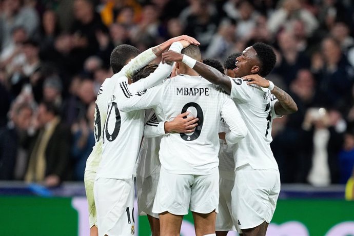 Rodrygo Goes of Real Madrid celebrates a goal during the UEFA Champions League 2024/25 League Phase MD7 match between Real Madrid and RB Salzburg at Santiago Bernabeu stadium on January 22, 2025, in Madrid, Spain.