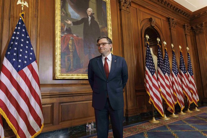 January 3, 2025, Washington, District Of Columbia, USA: Speaker of the US House of Representatives Mike Johnson (Republican of Louisiana) is seen during swearing-in reenactment photos in the Rayburn Room of the Capitol Building in Washington, DC during th