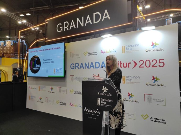 La consejera de Cultura y Deporte de la Junta de Andalucía, Patricia del Pozo, ha intervenido en la presentación de la Bienal de Flamenco de Granada en Fitur 2025