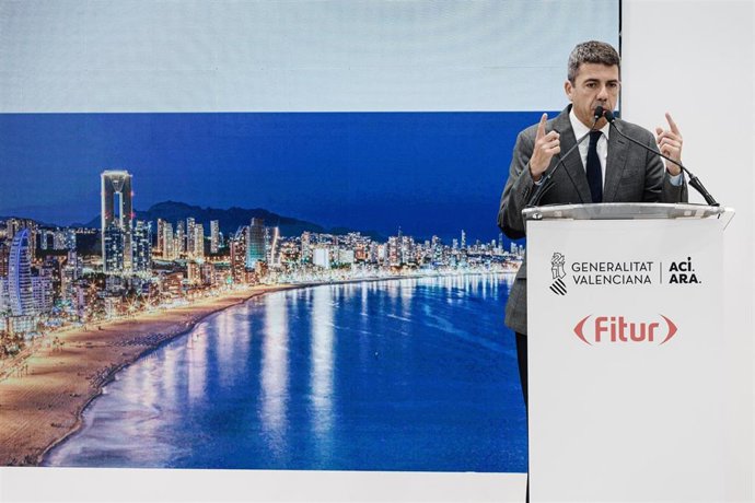 El president de la Generalitat, Carlos Mazón, durante el acto central del Día de la Comunitat Valenciana en la Feria Internacional de Turismo (Fitur), en IFEMA Madrid