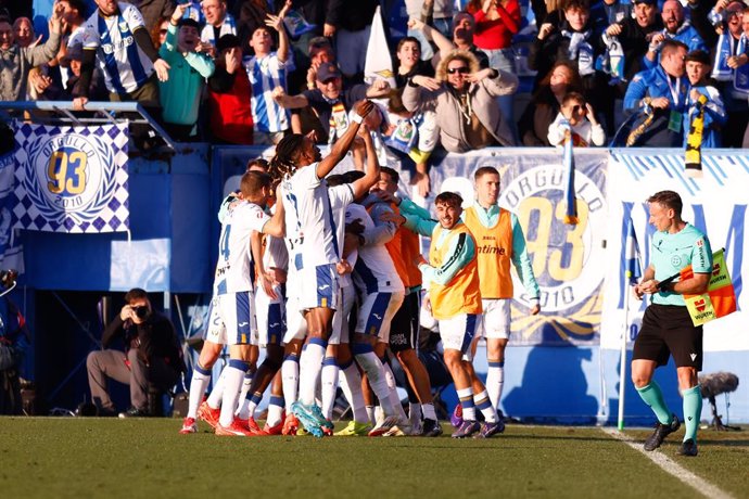 Matija Nastasic of CD Leganes celebrates a goal with teammates during the Spanish League, LaLiga EA Sports, football match played between CD Leganes and Atletico de Madrid at Butarque stadium on January 18, 2025, in Leganes, Madrid, Spain.