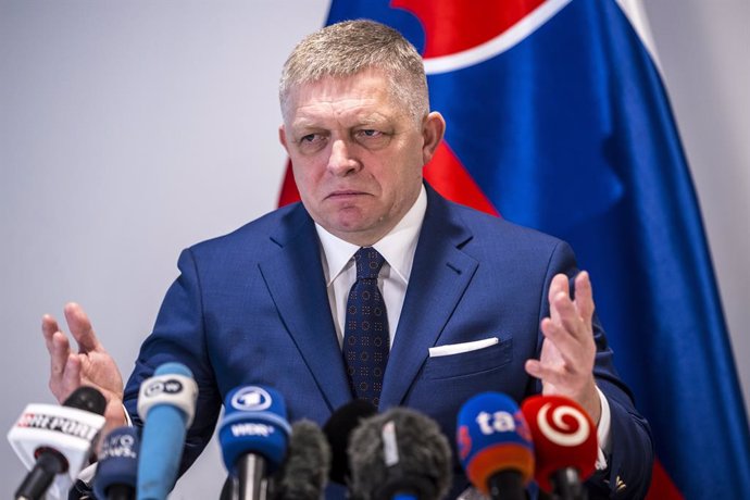 January 9, 2025, Brussels, Bxl, Belgium: Slovak Prime Minister Robert Fico holds a press conference following a meeting with European Commission officials in Brussels, Belgium on 09/01/2025 Fico discusses the impact of the recent halt in Russian gas trans