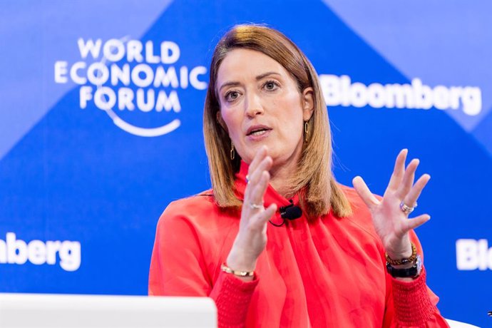 HANDOUT - 23 January 2025, Switzerland, Davos: Roberta Metsola, President of the European Parliament, speaks during a panel session at the World Economic Forum (WEF) annual meeting. Photo: Benedikt von Loebell/World Economic Forum/dpa - ATTENTION: editori