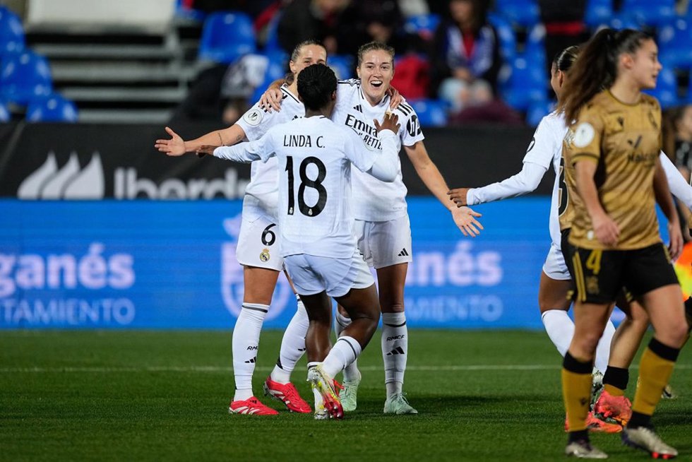 Ingrid Filippa Angeldahl of Real Madrid celebrates a goal with teammates during Spanish Super Cup 25, Supercopa de Espana, women football match played between Real Madrid and Real Sociedad at Butarque stadium on January 23, 2025, in Leganes, Madrid, Spa
