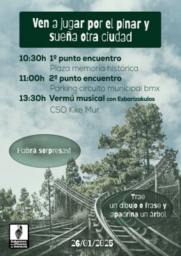 Cartel con el que la Plataforma Salvemos los Pinares de Venecia convoca una actividad lúdica dirigida al público infantil este domingo 26 de enero en el pinar junto al Parque de Atracciones de la capital aragonesa.