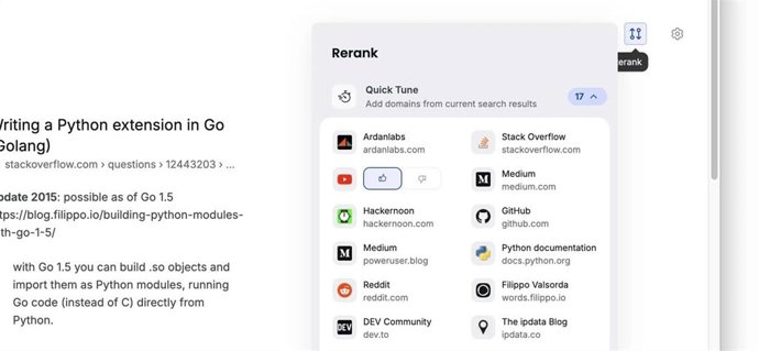 Herramienta 'Rerank' para modificar el orden de los resultados de búsqueda en Brave Search
