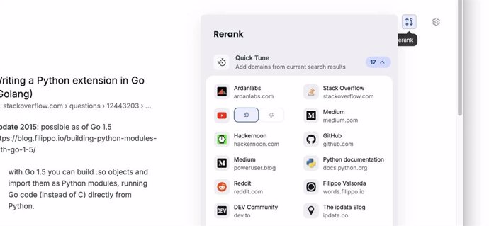 Herramienta 'Rerank' para modificar el orden de los resultados de búsqueda en Brave Search