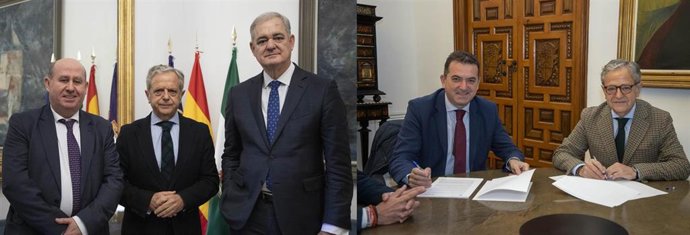 Salvador Fuentes con los responsables de Cajasur (izda.) y de Unicaja (dcha.)