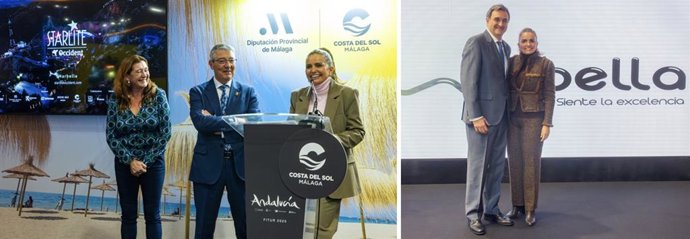 Sandra García-Sanjuán, cofundadora del grupo Starlite, junto al presidente de la Diputación de Málaga, Francisco Salado, y la consejera delegada de Turismo Costa del Sol, Esperanza González; y junto al teniente de alcalde de Marbella Félix Romero.