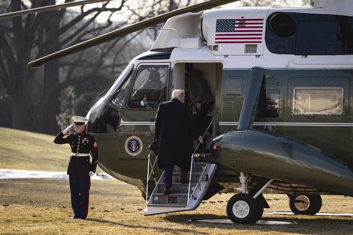 January 24, 2025, Washington, District Of Columbia, USA: United States President Donald Trump boards Marine One on the South Lawn of the White House before boarding Marine One in Washington, DC, US, on Friday, Jan. 24, 2025. Trump will head to Los Angeles