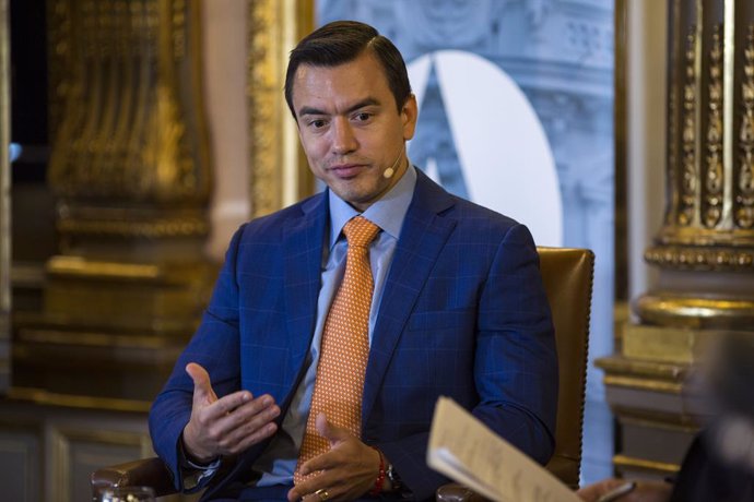 Archivo - May 17, 2024, Madrid, Madrid, Spain: DANIEL NOBOA, president of Ecuador during an interview with the media, at Casa America in Madrid..The president of Ecuador, Daniel Noboa, culminates in Madrid, a tour of Europe, where he visited the Vatican, 