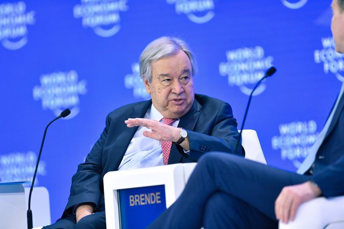 DAVOS (SWITZERLAND), Jan. 22, 2025  -- UN Secretary-General Antonio Guterres speaks during the World Economic Forum Annual Meeting in Davos, Switzerland, on Jan. 22, 2025. The United Nations (UN) chief on Wednesday issued a stark warning about the mountin