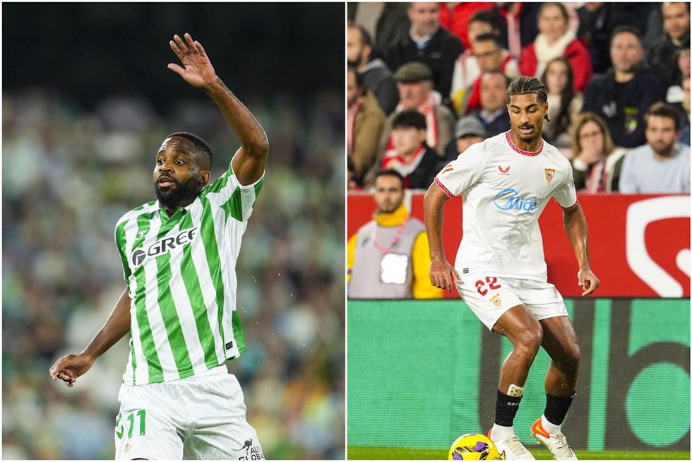 Cedric Bakambu, of Real Betis, and Loic Bade, of Sevilla FC, in action during two LaLiga EA Sports matches.