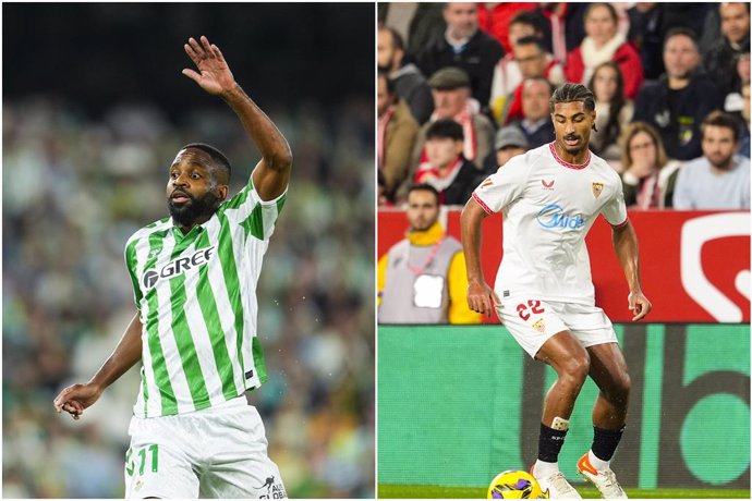 Cedric Bakambu, of Real Betis, and Loic Bade, of Sevilla FC, in action during two LaLiga EA Sports matches.