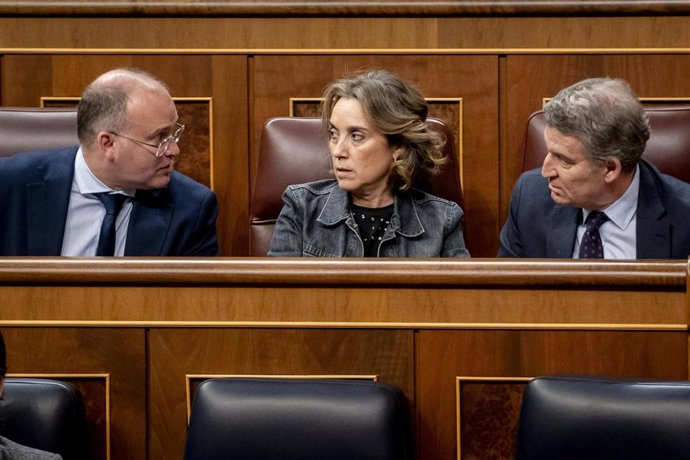 El portavoz del PP en el Congreso, Miguel Tellado; la secretaria general del Partido Popular, Cuca Gamarra, y el presidente del PP, Alberto Núñez Feijóo.
