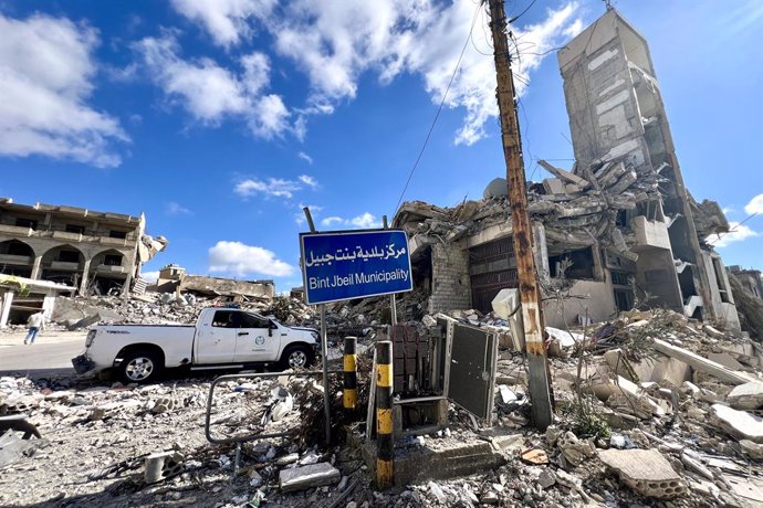 BINT JBEIL, Jan. 21, 2025  -- This photo taken on Jan. 20, 2025 shows destroyed buildings left by Israeli bombing in Bint Jbeil, Lebanon. Residents of the southern Lebanese border town of Bint Jbeil and the nearby village of Ainata have begun to return ho