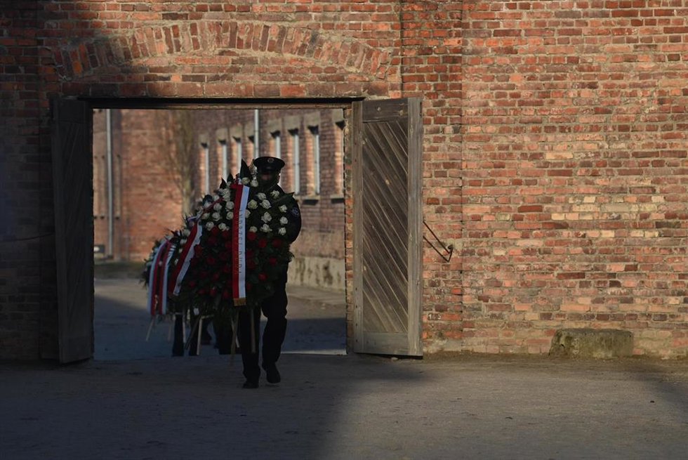 Coronas de flores en el antiguo campo de concentración y exterminio alemán de Auschwitz-Birkenau como parte de la conmemoración del 80 aniversario de la liberación del campo. 
