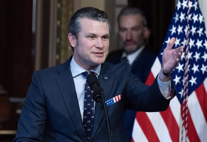 January 25, 2025, Washington, District Of Columbia, USA: United States Secretary of Defense Pete Hegseth, left, makes remarks after taking the oath of office from US Vice President JD Vance in the Indian Treaty Room in the Eisenhower Executive Office Buil