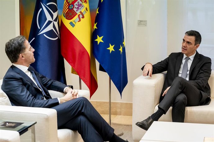 El presidente del Gobierno, Pedro Sánchez (d), y el secretario general de la OTAN, Mark Rutte (i), durante una reunión, en el Complejo de la Moncloa, a 27 de enero de 2025, en Madrid (España).