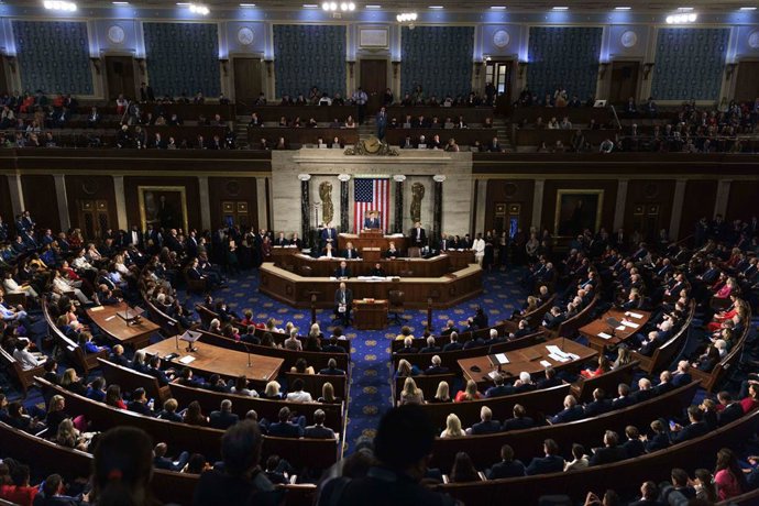 January 3, 2025, Washington, District Of Columbia, USA: Speaker of the US House of Representatives Mike Johnson (Republican of Louisiana) gives remarks during the Opening of the 119th Congress in the House Chambers of the Capitol Building in Washington DC
