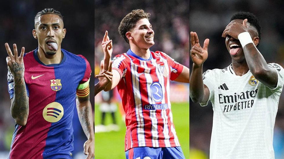 Los futbolistas Raphinha (FC Barcelona), Julián Álvarez (Atlético de Madrid) y Vinícius Júnior (Real Madrid), en la Champions 2024-2025.