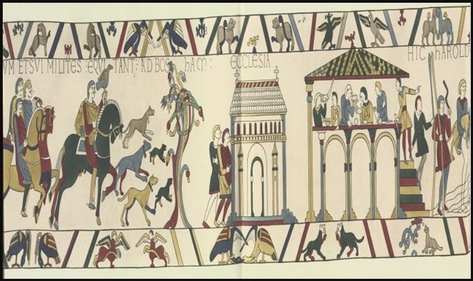 El tapiz de Bayeux, que muestra al rey Harold cabalgando hacia Bosham, donde asiste a la iglesia y festeja en un salón.