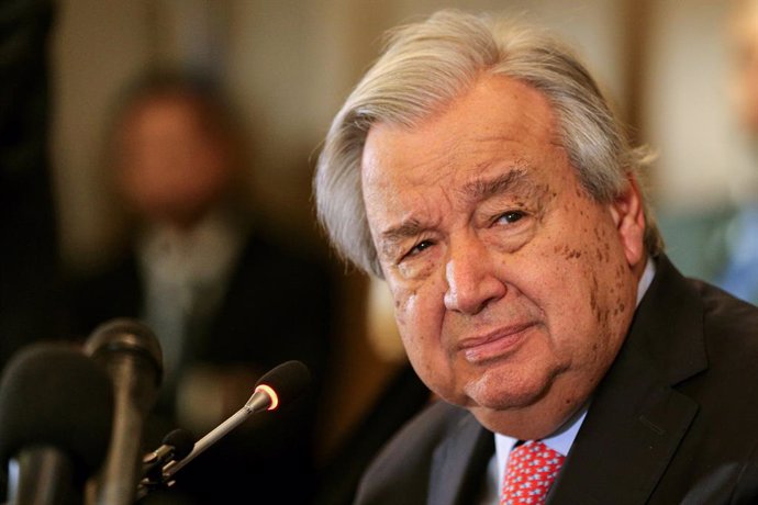 January 18, 2025, Beirut, Beirut, Lebanon: United Nations chief Antonio Guterres listens to a question journalists during a press conference to conclude his two-day visit to Lebanon. Guterres said a ''more hopeful'' future awaits Lebanon after meeting its