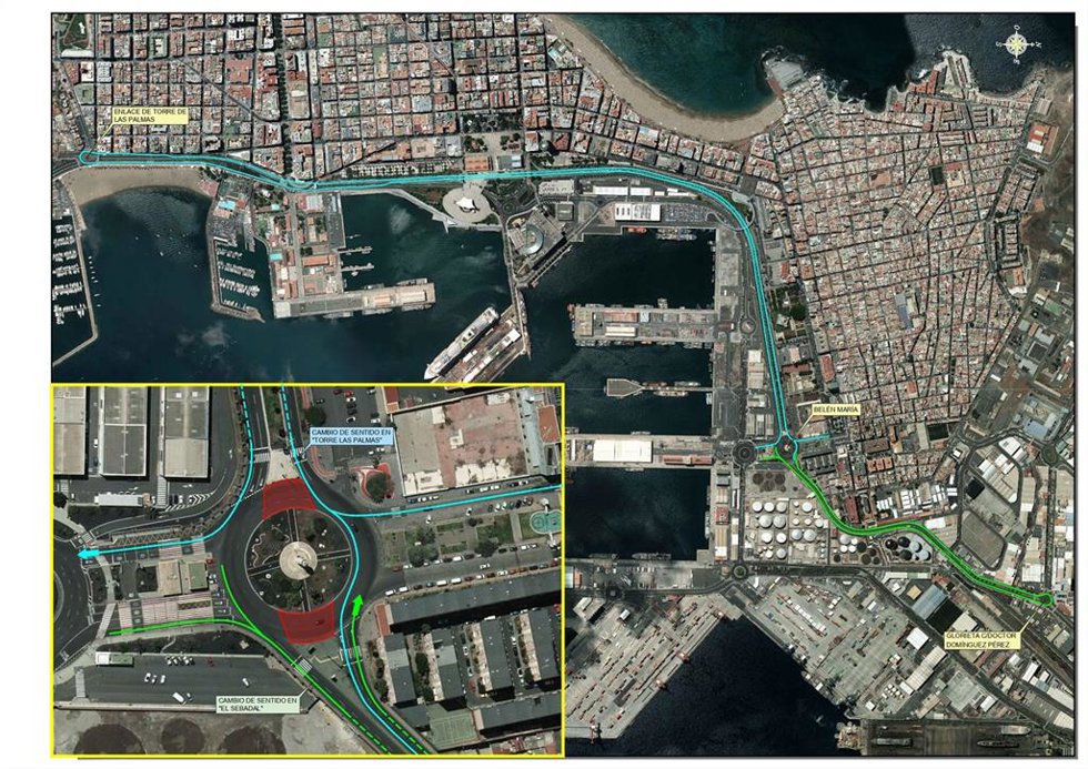 Zona de trabajo en la rotonda de Belén María, en Las Palmas de Gran Canaria