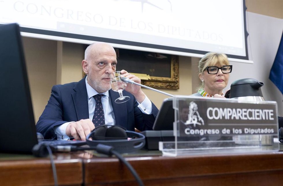 El presidente de LaLiga, Javier Tebas, durante su participación en la Comisión de Igualdad del Congreso de los Diputados