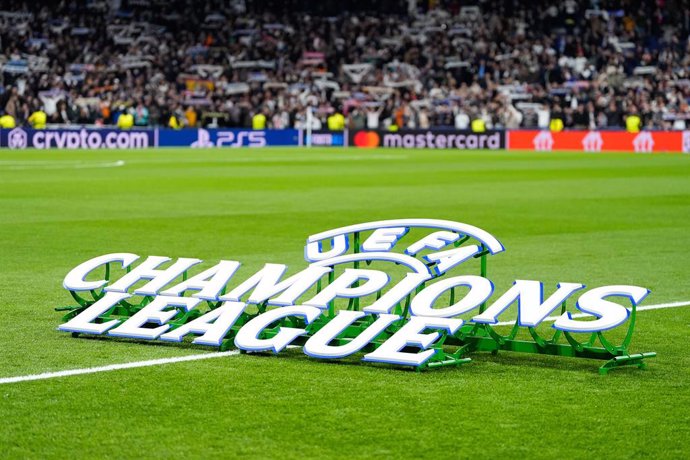 Logo of UEFA Champions League during the UEFA Champions League 2024/25 League Phase MD7 match between Real Madrid and RB Salzburg at Santiago Bernabeu stadium on January 22, 2025, in Madrid, Spain.