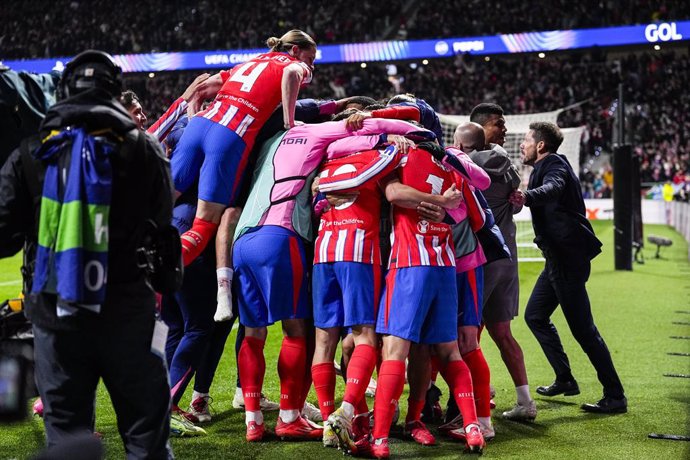 Julian Alvarez of Atletico de Madrid celebrates a goal during the UEFA Champions League 2024/25 League Phase MD7 match between Atletico de Madrid and Bayer 04 Leverkusen at Riyadh Air Metropolitano stadium on January 21, 2025, in Madrid, Spain.