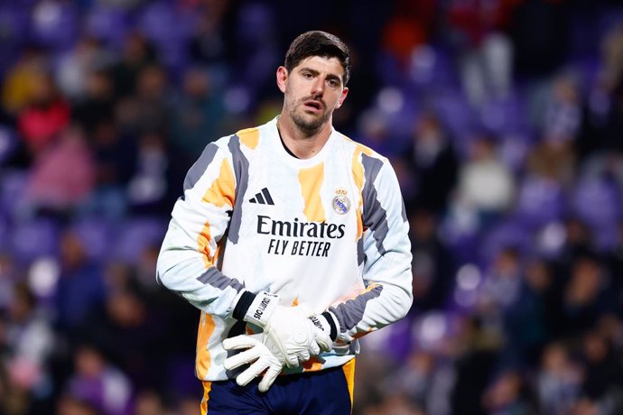 Thibaut Courtois of Real Madrid gestures during the Spanish League, LaLiga EA Sports, football match played between Real Valladolid CF and Real Madrid at Jose Zorrilla on January 25, 2025, in Valladolid, Spain.