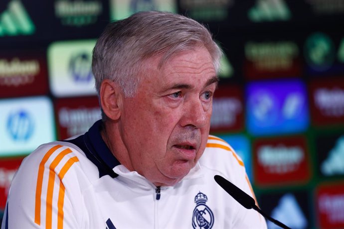 Carlo Ancelotti, head coach of Real Madrid, gives a press conference during the training day of Real Madrid ahead the Spanish League, LaLiga EA Sports, football match against Real Valladolid at Ciudad Deportiva Real Madrid on January 24, 2025, in Valdebeb