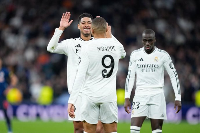 Kylian Mbappe of Real Madrid celebrates a goal during the UEFA Champions League 2024/25 League Phase MD7 match between Real Madrid and RB Salzburg at Santiago Bernabeu stadium on January 22, 2025, in Madrid, Spain.