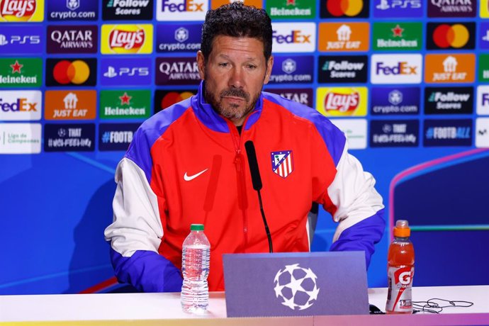 Diego Pablo Simeone, head coach of Atletico de Madrid, attends his press conference ahead of the UEFA Champions League, football match against Bayer 04 Leverkusen, at Riyadh Air Metropolitano on January 20, 2025, in Madrid, Spain.