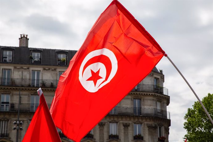 Archivo - Bandera de Túnez durante una marcha opositora en Francia