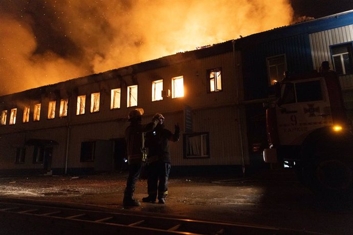 January 28, 2025, Kharkiv, Kharkiv, Ukraine: Russians strike civilian enterprise in Kharkiv with drone. We have an arrival in the city. Preliminary - Kholodnohirskyi district. Fire at the scene. The strike hit the territory of a civilian enterprise in Nov