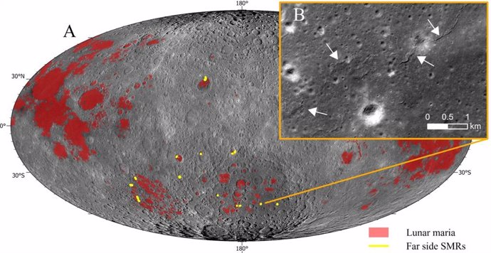 Pequeñas crestas en el lado lejano de la luna (representadas en amarillo) revelan evidencia de que la luna podría no estar tan inactiva como se creía anteriormente.