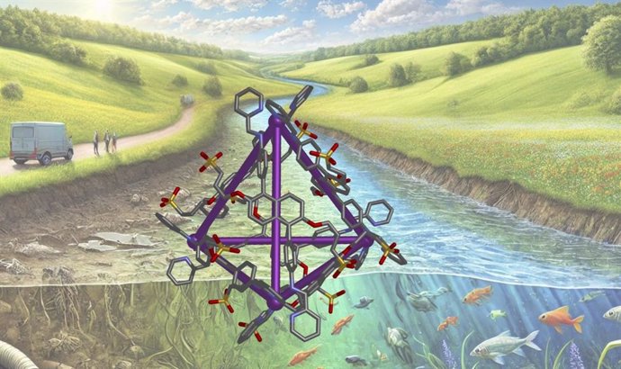 Ilustración artística del nuevo material que actúa como 'trampa molecular' para sustancias químicas nocivas presentes en el agua