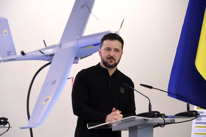 January 16, 2025, Kyiv, Ukraine: KYIV, UKRAINE - JANUARY 16, 2025 - President of Ukraine Volodymyr Zelenskyy is seen during a joint press conference with Prime Minister of the United Kingdom Keir Starmer as part of the presentation of drones created by Uk