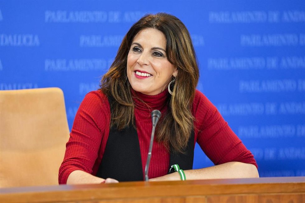 La portavoz del Grupo Parlamentario Socialista, Ángeles Férriz, durante la ronda de ruedas de prensa de portavoces de los grupos parlamentarios en el Parlamento de Andalucía, a 23 de enero de 2025 en Sevilla