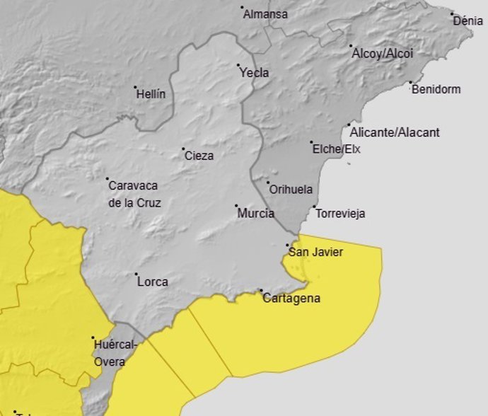 La costa de la Región de Murcia, en aviso de nivel amarillo esta madrugada por fuertes rachas de viento